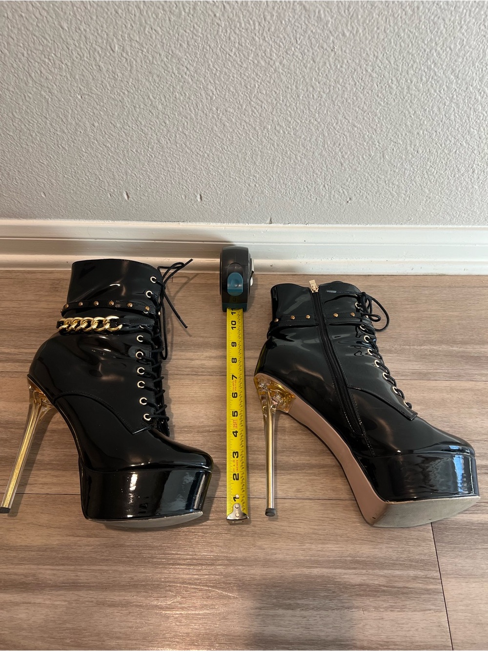 Patent Black Lace-Up Platform Ankle Boots with Gold Chain Accent